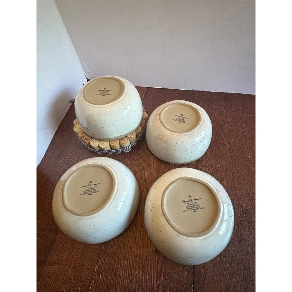 Hearth & Hand with Magnolia Stoneware Cereal Bowls Cream Brown Rim Set of 4